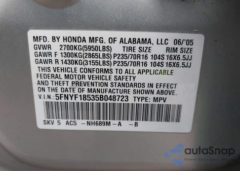 2005 Honda Pilot Ex-L из США, поврежденный, VIN 5FNYF18535B048723